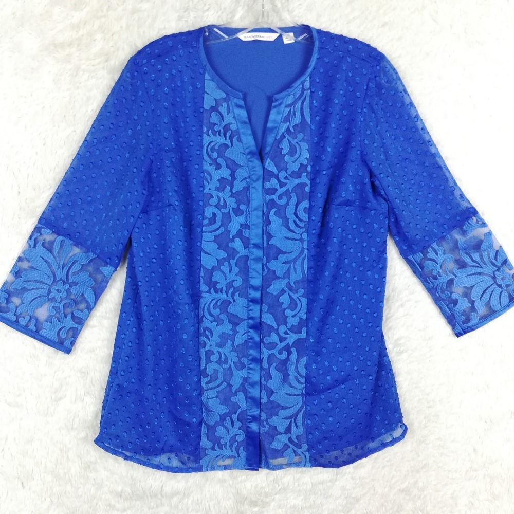 Isaac Mizrahi Live Womens Blouse Top Royal Blue Sheer Dot Button Floral Lace XS
